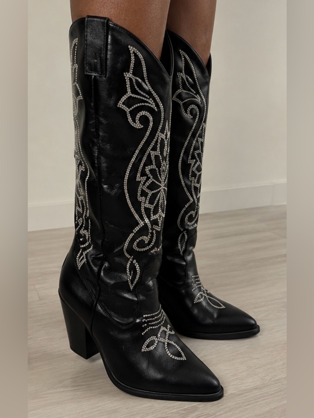 Black Embroidered Western Knee-High Boots - Picture 3 of 3